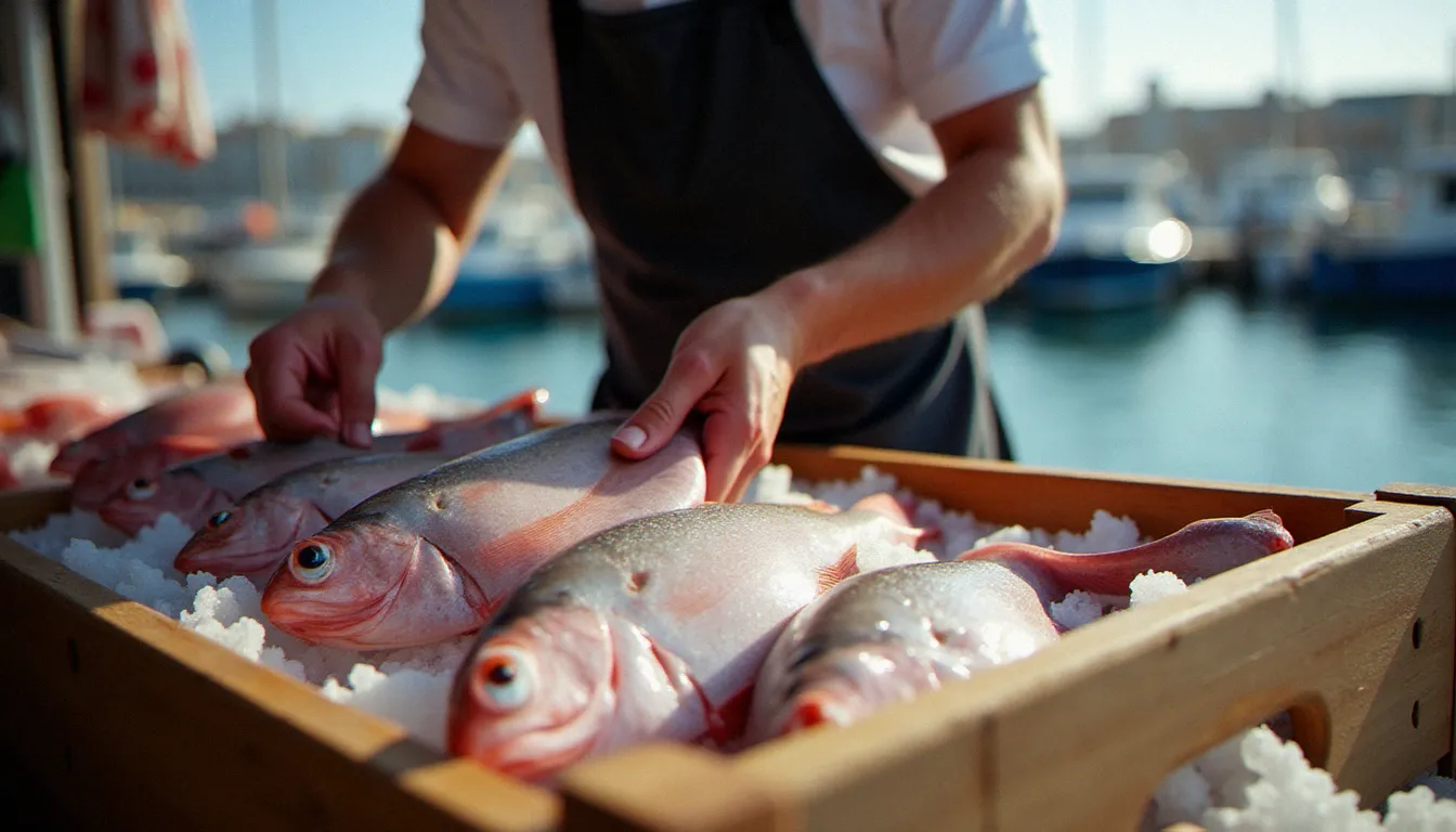 Chef sélectionnant des rougets de roche et des daurades fraîches à la criée de Marseille au petit matin pour son restaurant en bord de mer