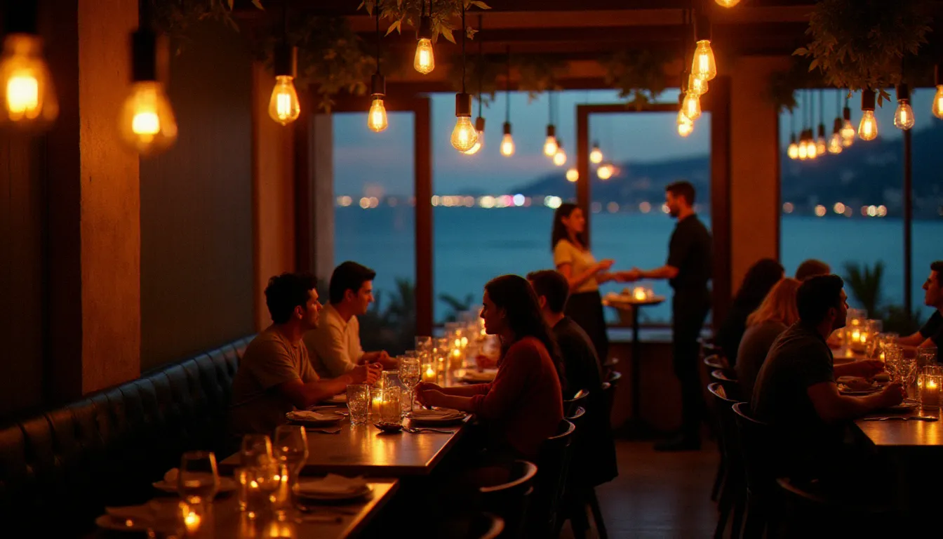 Salle intérieure chaleureuse d'un restaurant en bord de mer à Marseille le soir, ambiance lumineuse dorée avec vue sur la Méditerranée nocturne
