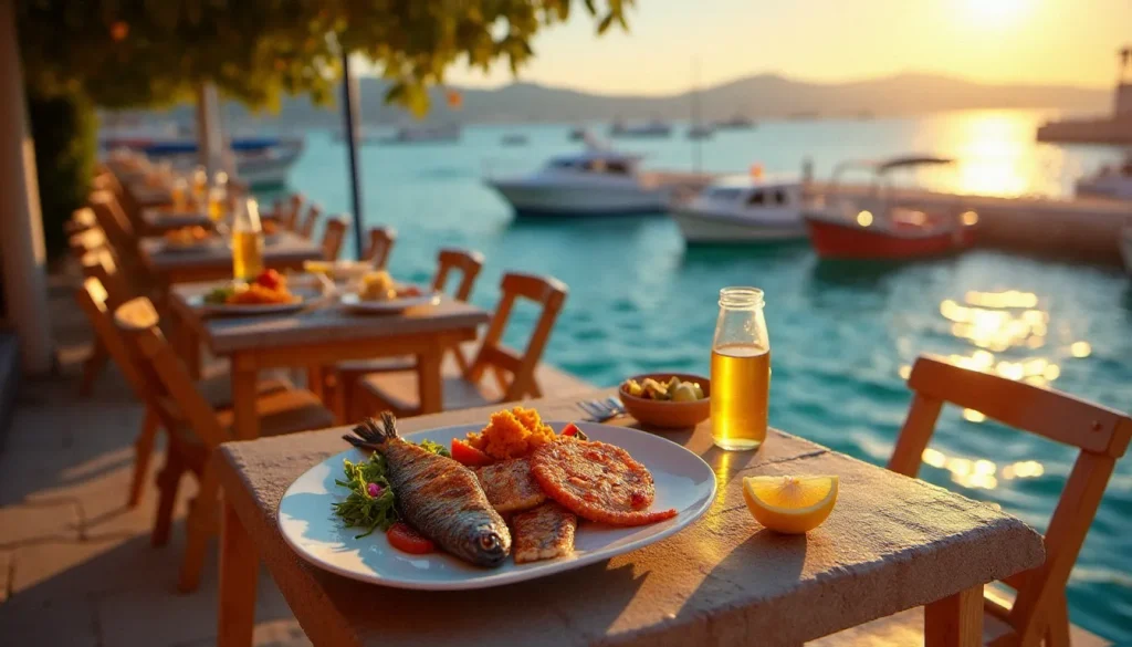 Terrasse d'un restaurant en bord de mer à Marseille au coucher du soleil, avec des assiettes de poissons grillés en premier plan et la Méditerranée en arrière-plan