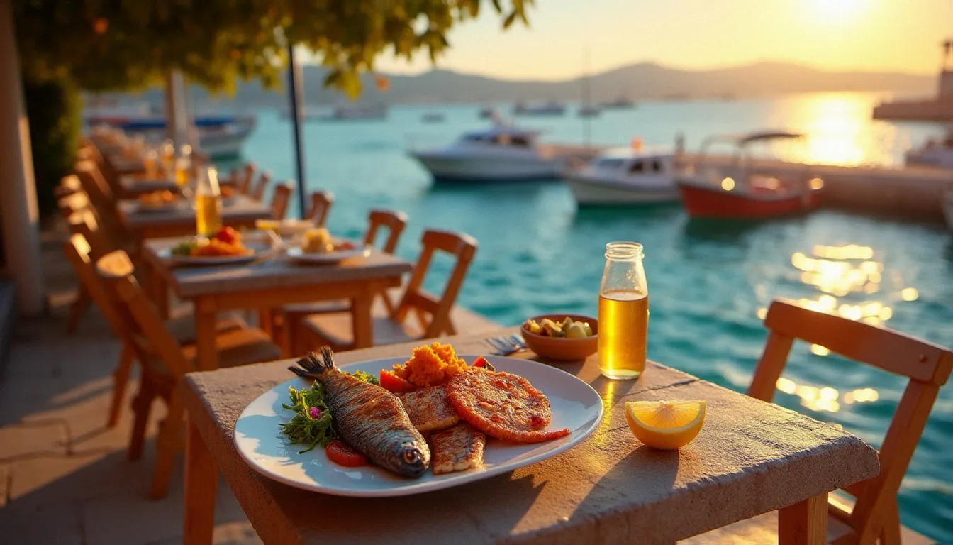 Terrasse d'un restaurant en bord de mer à Marseille au coucher du soleil, avec des assiettes de poissons grillés en premier plan et la Méditerranée en arrière-plan