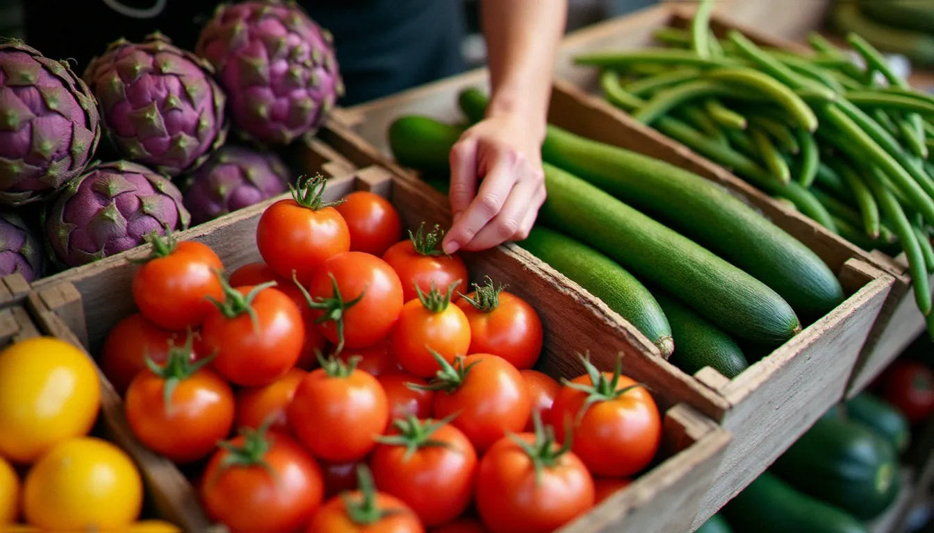 Chef choisissant des légumes frais sur un marché provençal au lever du soleil, symbolisant l'approvisionnement local garant du rapport qualité prix en restauration