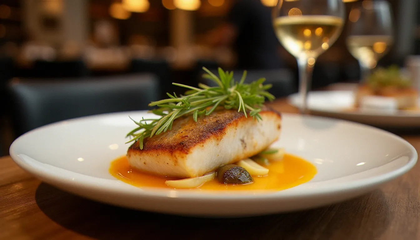 Assiette de dorade grillée avec fenouil rôti et sauce safranée sur table en bois dans un restaurant marseillais, incarnant une cuisine de qualité à prix juste