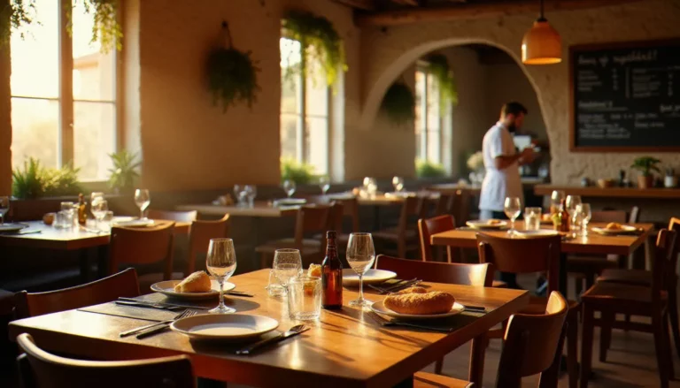 Salle de restaurant méditerranéen à Marseille avec tables en bois, ardoise du menu et cuisine ouverte, illustration du meilleur rapport qualité prix en restauration