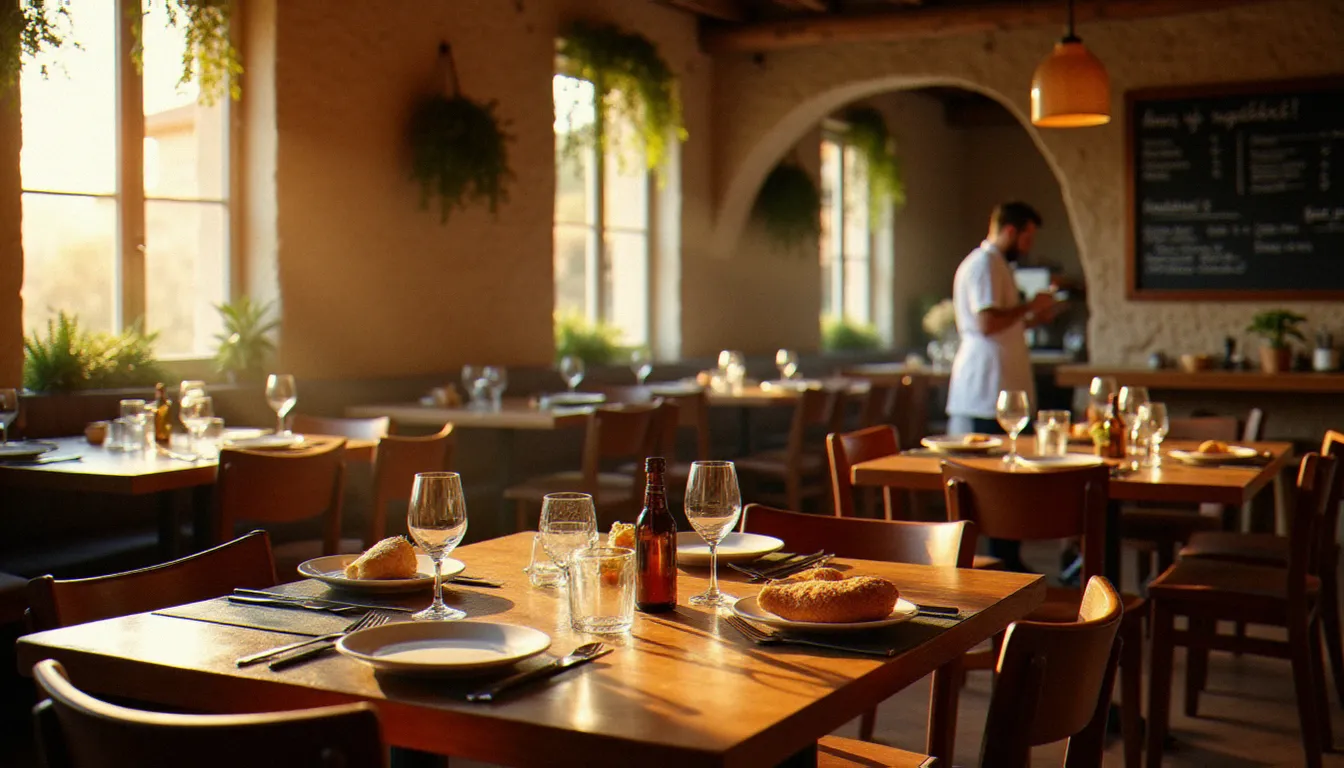 Salle de restaurant méditerranéen à Marseille avec tables en bois, ardoise du menu et cuisine ouverte, illustration du meilleur rapport qualité prix en restauration