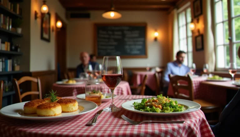 Intérieur chaleureux d'un bouchon lyonnais traditionnel avec des tables en bois, une ardoise de menu, et des assiettes de cuisine lyonnaise représentant le meilleur rapport qualité-prix à Lyon