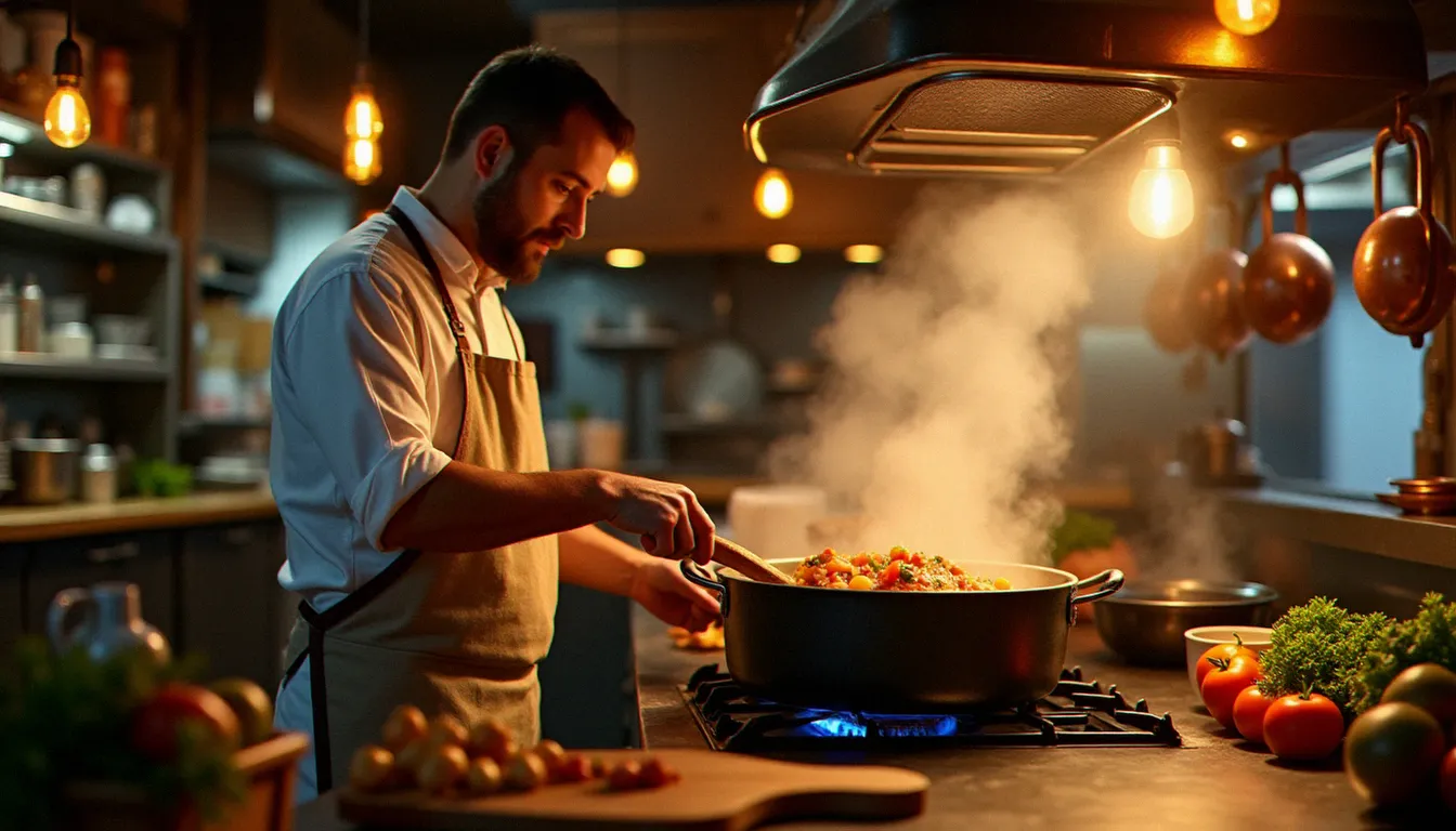 Chef en cuisine ouverte préparant un plat mijoté dans un petit restaurant français de quartier, atmosphère authentique et chaleureuse