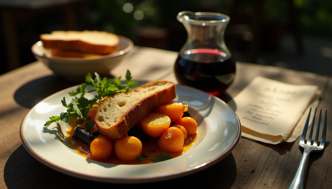 Assiette de plat du jour à prix abordable avec légumes de saison rôtis, pain maison et carafe de vin rouge sur table en bois