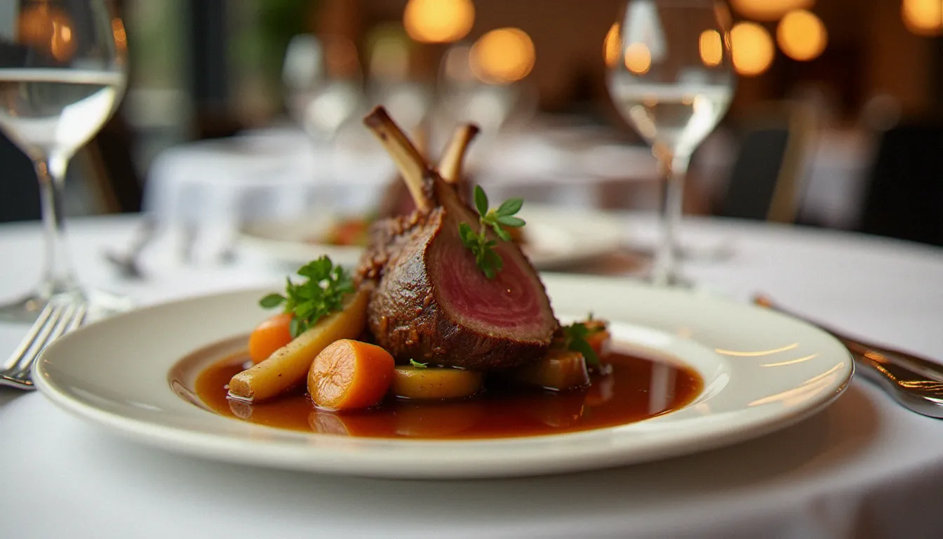 Plat de carré d'agneau rôti servi avec légumes racines glacés dans un restaurant gastronomique du 2e arrondissement de Paris, plating soigné sur porcelaine fine