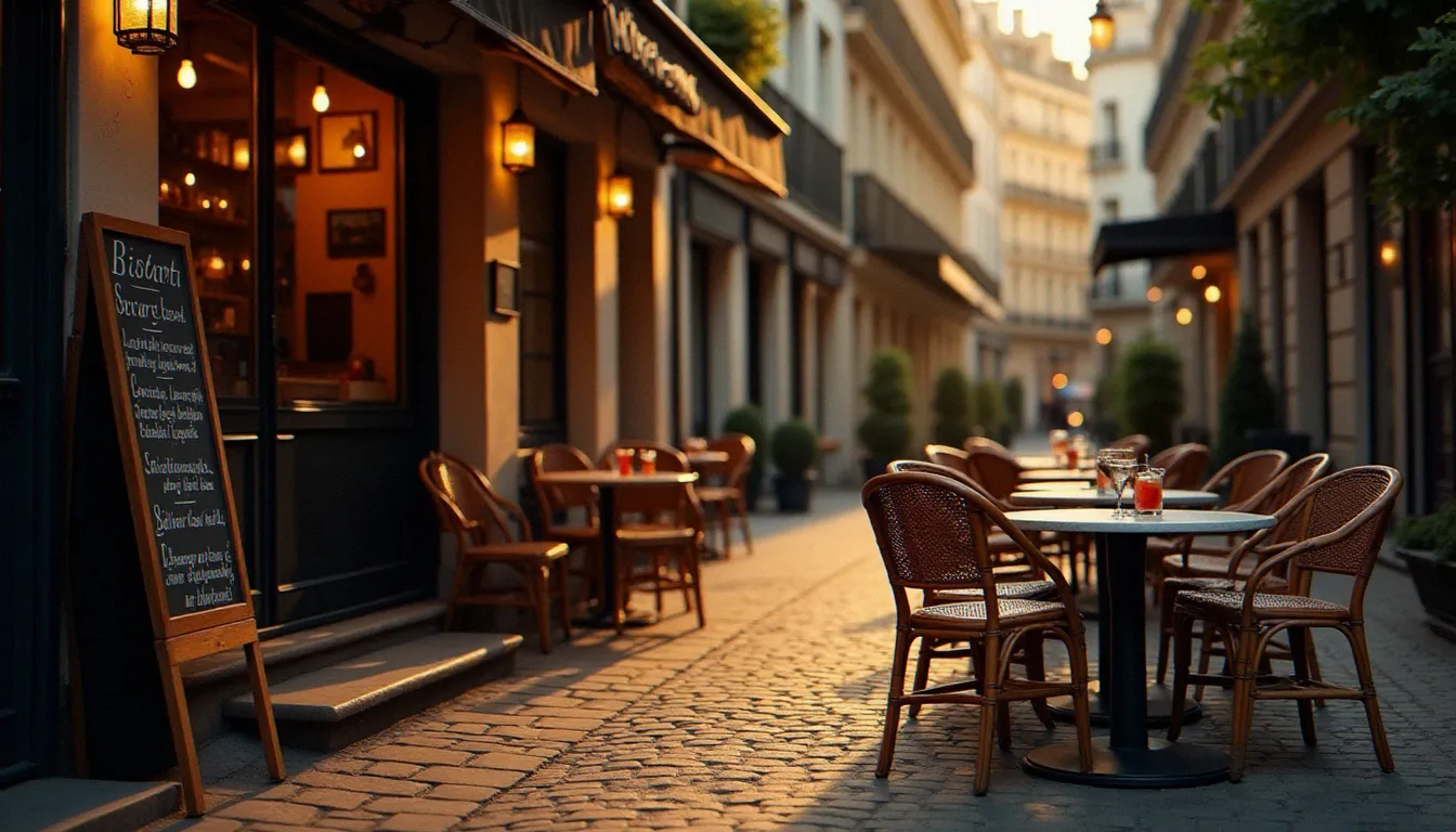 Terrasse d'un bistrot parisien à l'heure dorée dans une rue pavée du 2e arrondissement près de la Place Gaillon, chaises en osier et menu ardoise à l'entrée
