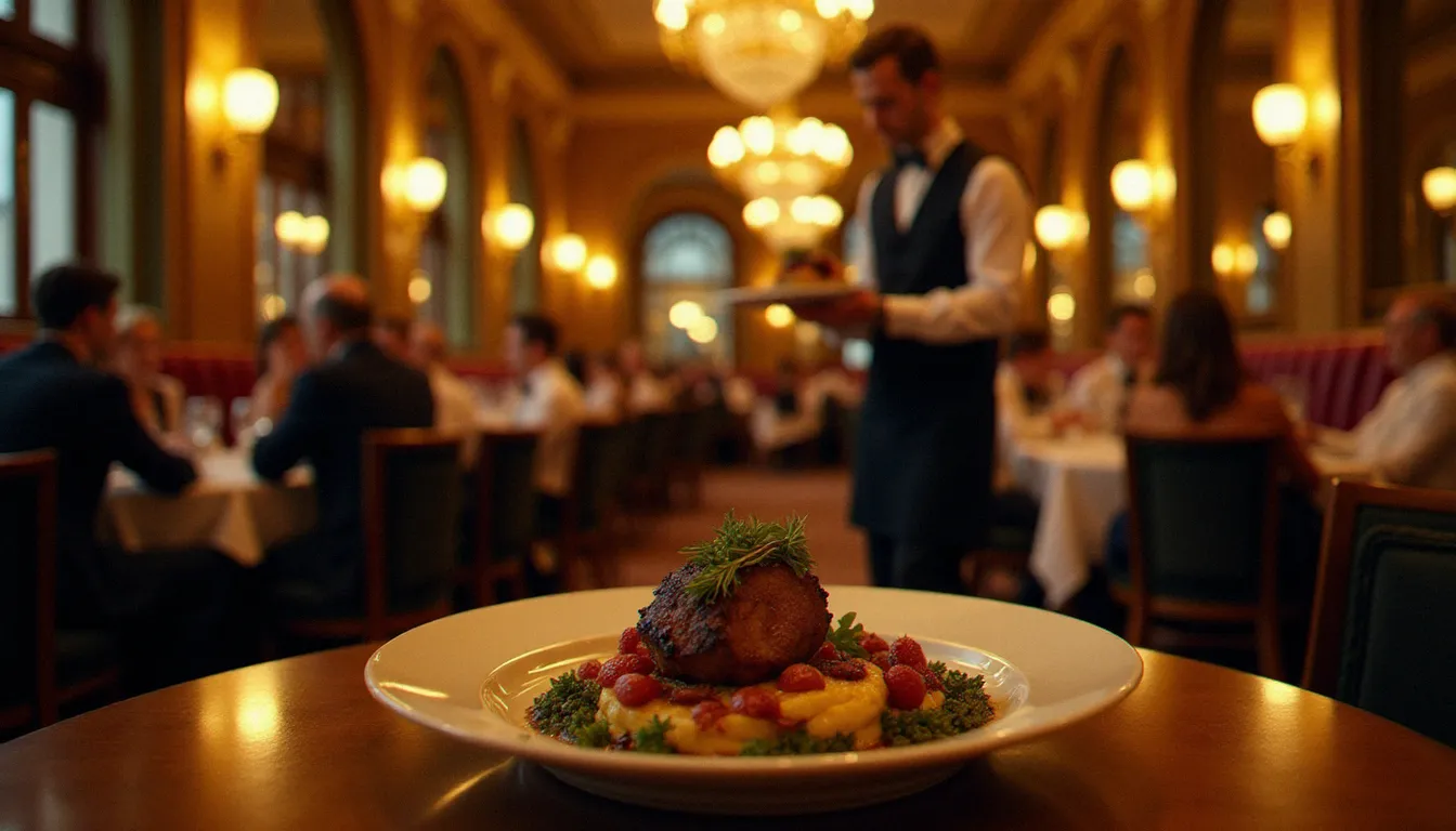 Salle d'une grande brasserie parisienne classique dans le quartier du Prix Goncourt à Paris, décor art déco avec miroirs et boiseries, tables dressées animées en soirée