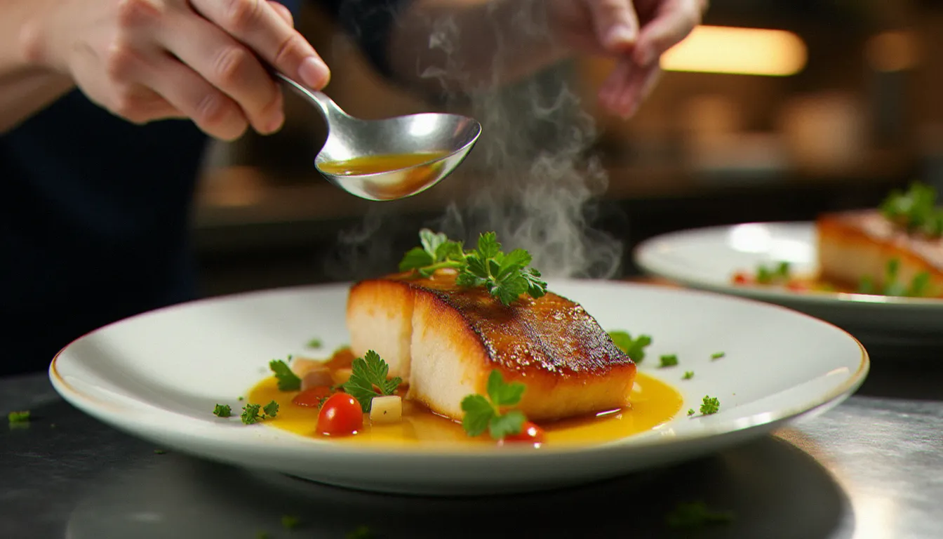 Mains de chef en train de dresser avec soin un plat de bar méditerranéen dans une cuisine professionnelle, illustrant le rapport qualité prix du restaurant et le soin apporté à chaque assiette