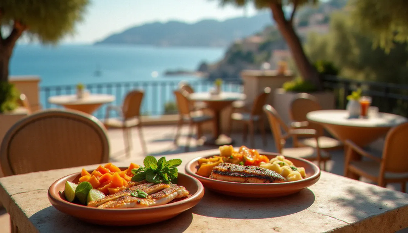 Terrasse ensoleillée d'un restaurant à Marseille avec des plats provençaux de saison sur une table en pierre, évoquant l'expérience du menu saisonnier et le cadre convivial du Carnet Gourmand