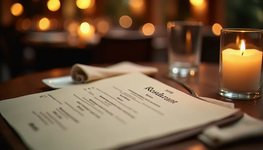 restaurant prix menu featured Menu de restaurant élégant posé sur une table en bois sombre avec éclairage de bougies, illustrant la transparence du restaurant prix menu dans un cadre méditerranéen chaleureux