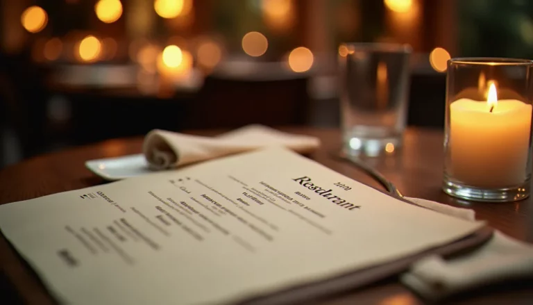 Menu de restaurant élégant posé sur une table en bois sombre avec éclairage de bougies, illustrant la transparence du restaurant prix menu dans un cadre méditerranéen chaleureux