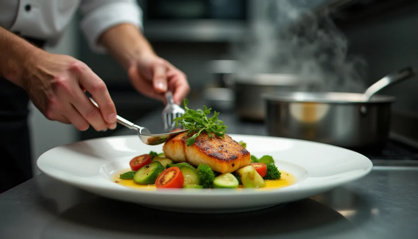 Chef préparant un plat de cuisine de marché dans une cuisine professionnelle, illustrant le travail artisanal qui justifie le prix moyen d'un restaurant