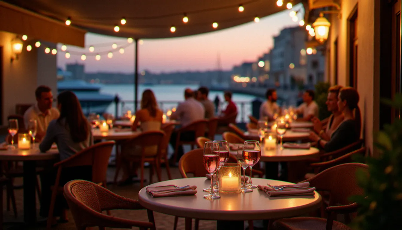 Terrasse d'un restaurant marseillais au coucher du soleil avec vue sur le Vieux-Port, illustrant les prix des restaurants à Marseille selon les quartiers
