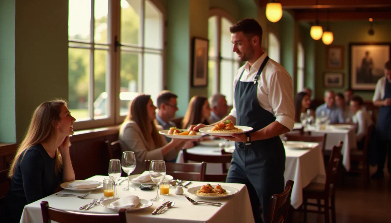 Salle de restaurant animée au déjeuner avec une ambiance méditerranéenne chaleureuse, illustrant le restaurant prix moyen en France