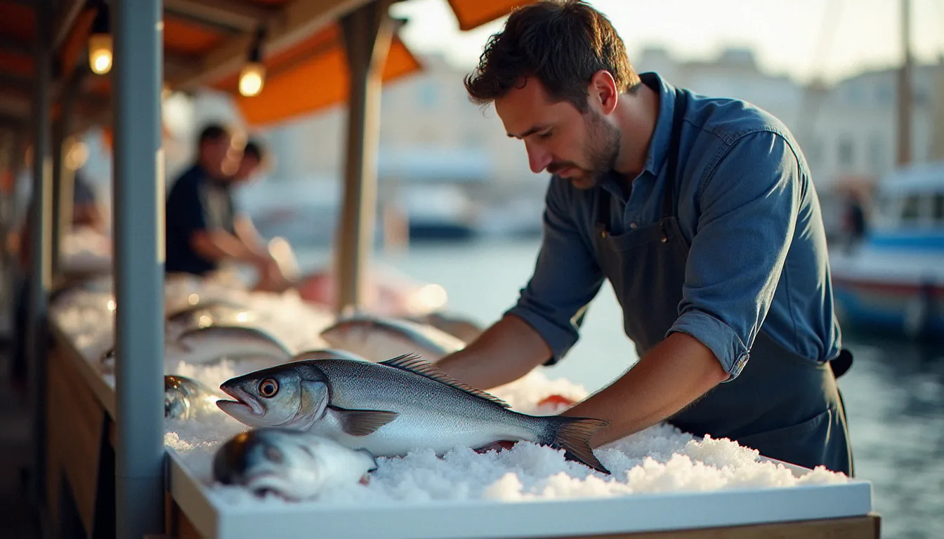 Chef sélectionnant une daurade fraîche à la criée de Marseille au lever du jour pour préparer le menu du jour d'un restaurant à prix raisonnable