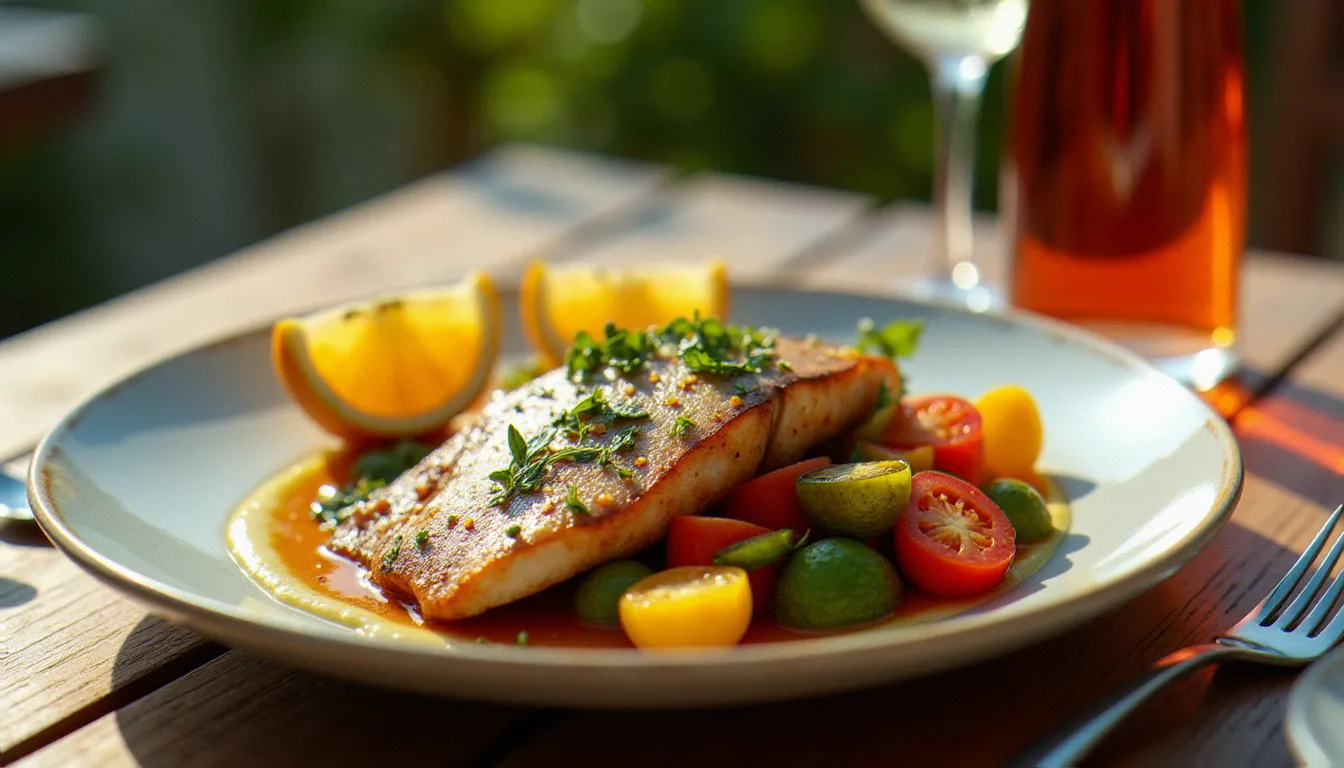 Assiette généreuse de daurade de Méditerranée rôtie accompagnée de légumes de saison, plat emblématique d'un restaurant à prix raisonnable à Marseille