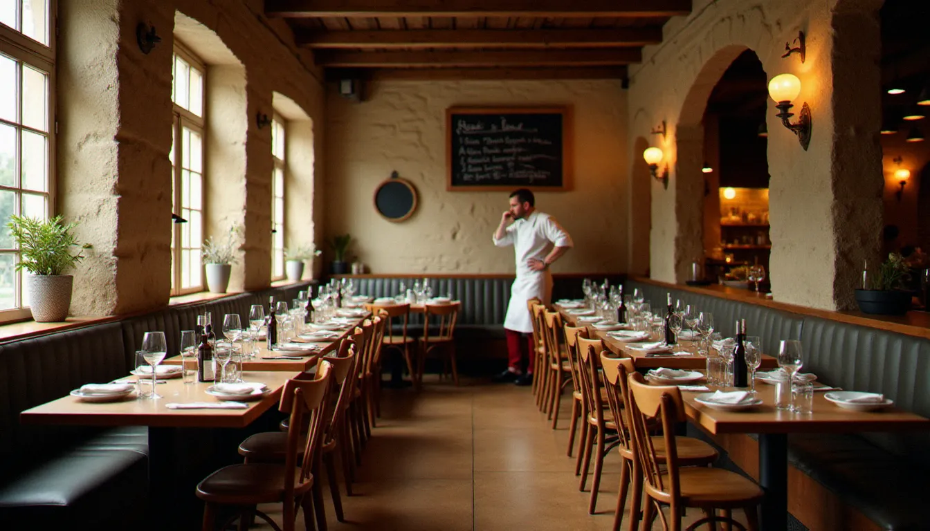Salle de restaurant à prix raisonnable chaleureuse avec ardoise du jour et clientèle déjeunant dans une ambiance conviviale et décontractée