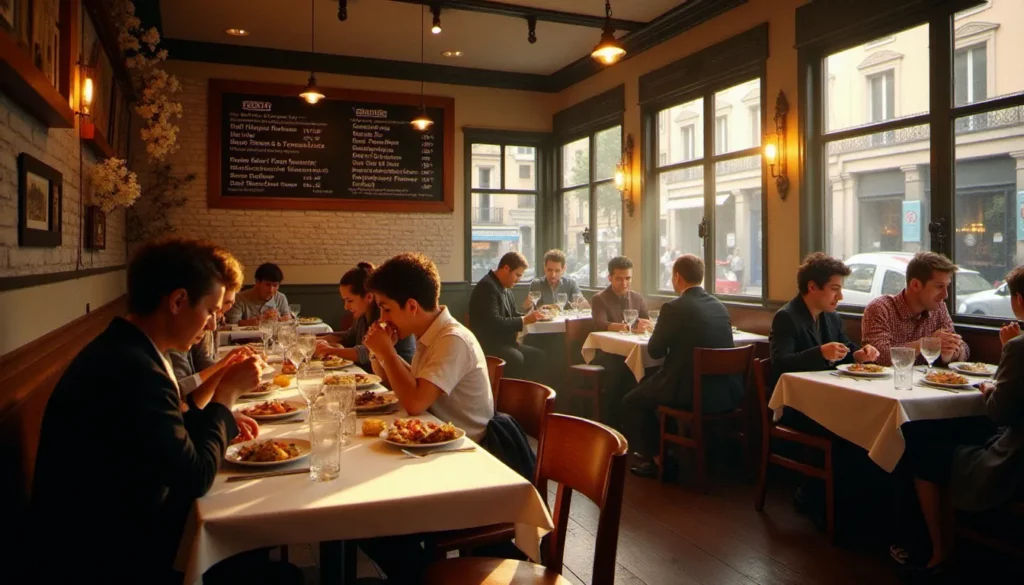 restaurant prix raisonnable paris featured Salle de bistrot parisien animée à l'heure du déjeuner, avec une ardoise proposant des menus de restaurant à prix raisonnable à Paris
