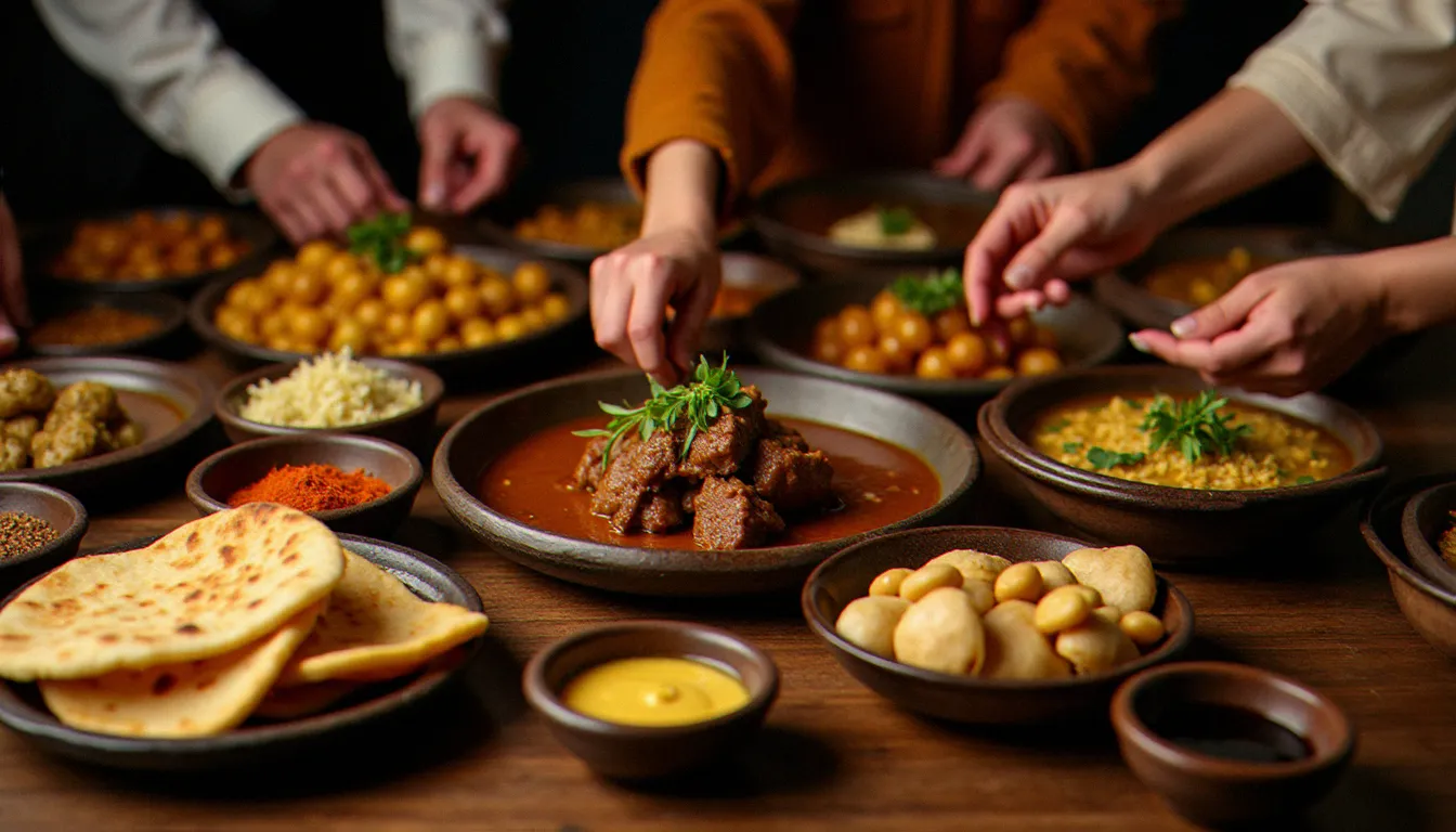 Table de partage avec les plats incontournables d'un restaurant yéménite : mandi, asid, pain tannour et bols d'épices hawaïj disposés sur une table basse en bois