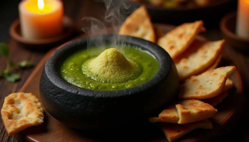 restaurant yemenite featured Plat de saltah yéménite bouillonnant dans un bol en pierre noire avec hulba verte, pain tannour et épices, servi dans un restaurant yéménite traditionnel