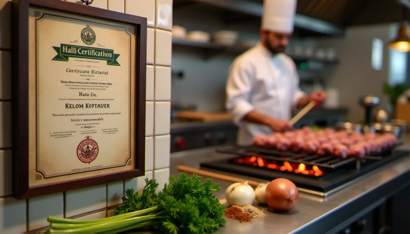 Chef préparant des brochettes de kofta d'agneau halal sur grill à charbon dans une cuisine professionnelle, avec certification halal affichée au mur