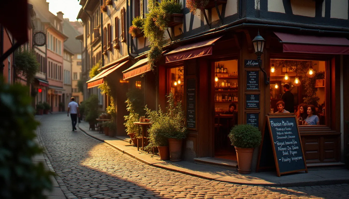 Ruelle pavée du centre historique de Colmar au coucher du soleil avec entrée chaleureuse d'un restaurant halal accueillant une famille de visiteurs