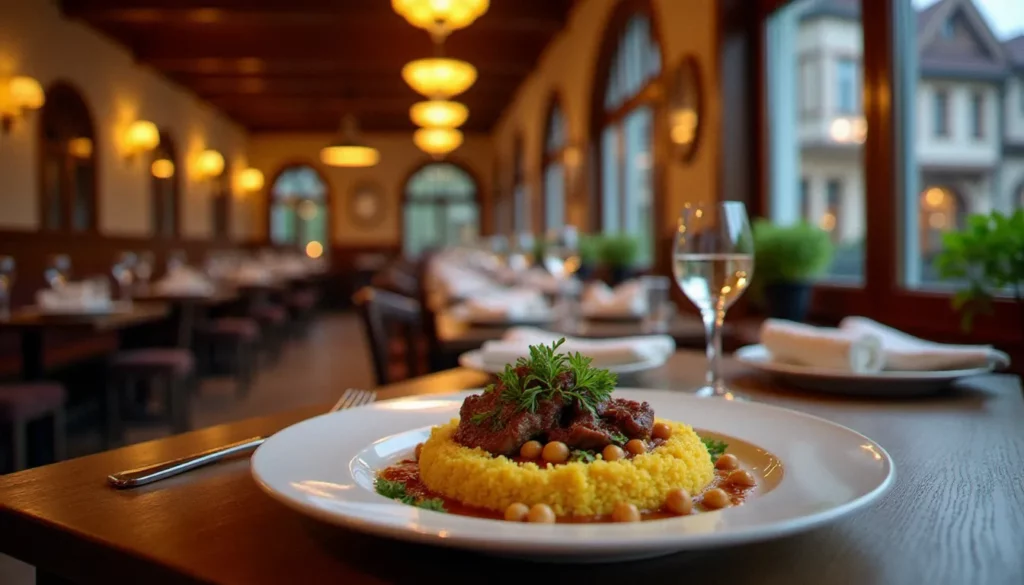 restaurants halal colmar featured Intérieur chaleureux d'un restaurant halal à Colmar avec vue sur la Petite Venise et couscous d'agneau servi sur table en bois rustique