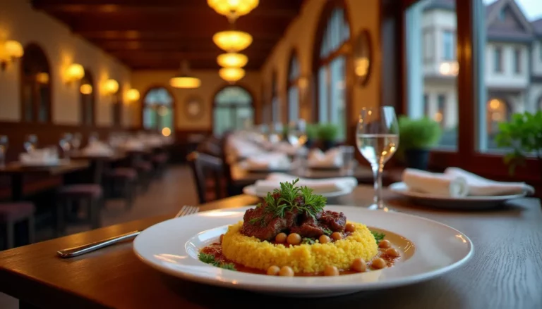 Intérieur chaleureux d'un restaurant halal à Colmar avec vue sur la Petite Venise et couscous d'agneau servi sur table en bois rustique