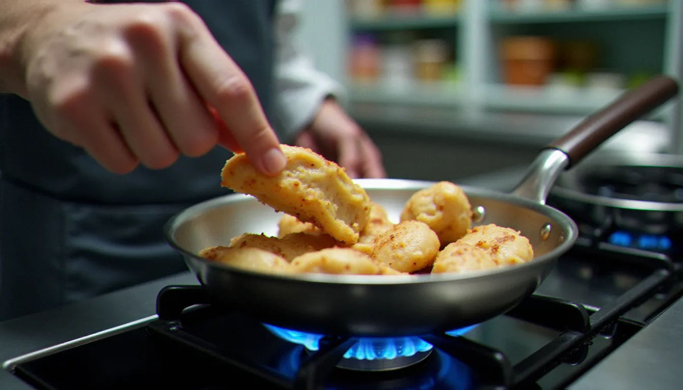 Chef préparant la conservation et la remise en cuisson d'un reste de poulet dans une cuisine professionnelle