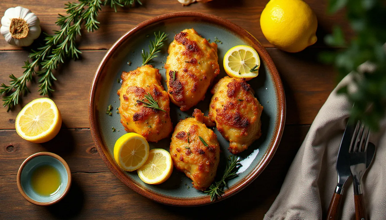 Assiette de reste de poulet à la poêle accompagné de citron, thym et huile d'olive sur table en bois rustique