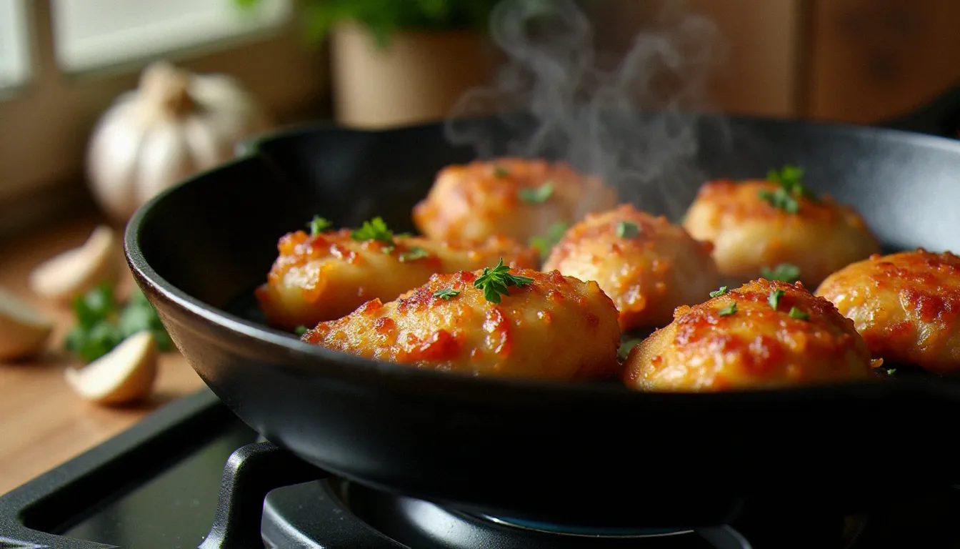 Morceaux de reste de poulet à la poêle en fonte dorés et croustillants avec ail et persil frais