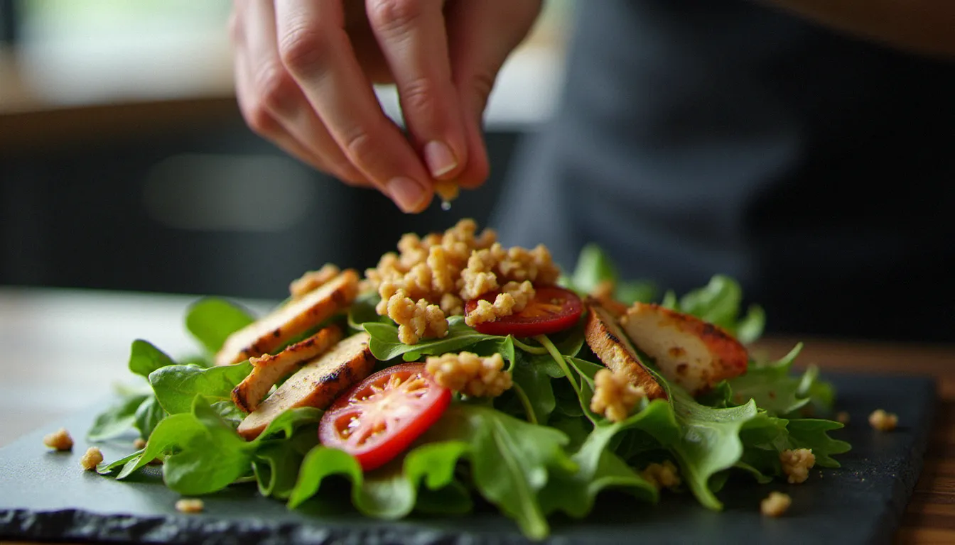 Mains d'un chef en cuisine de restaurant assemblant une salade composée avec roquette, poulet grillé et noix torréfiées sur une ardoise noire