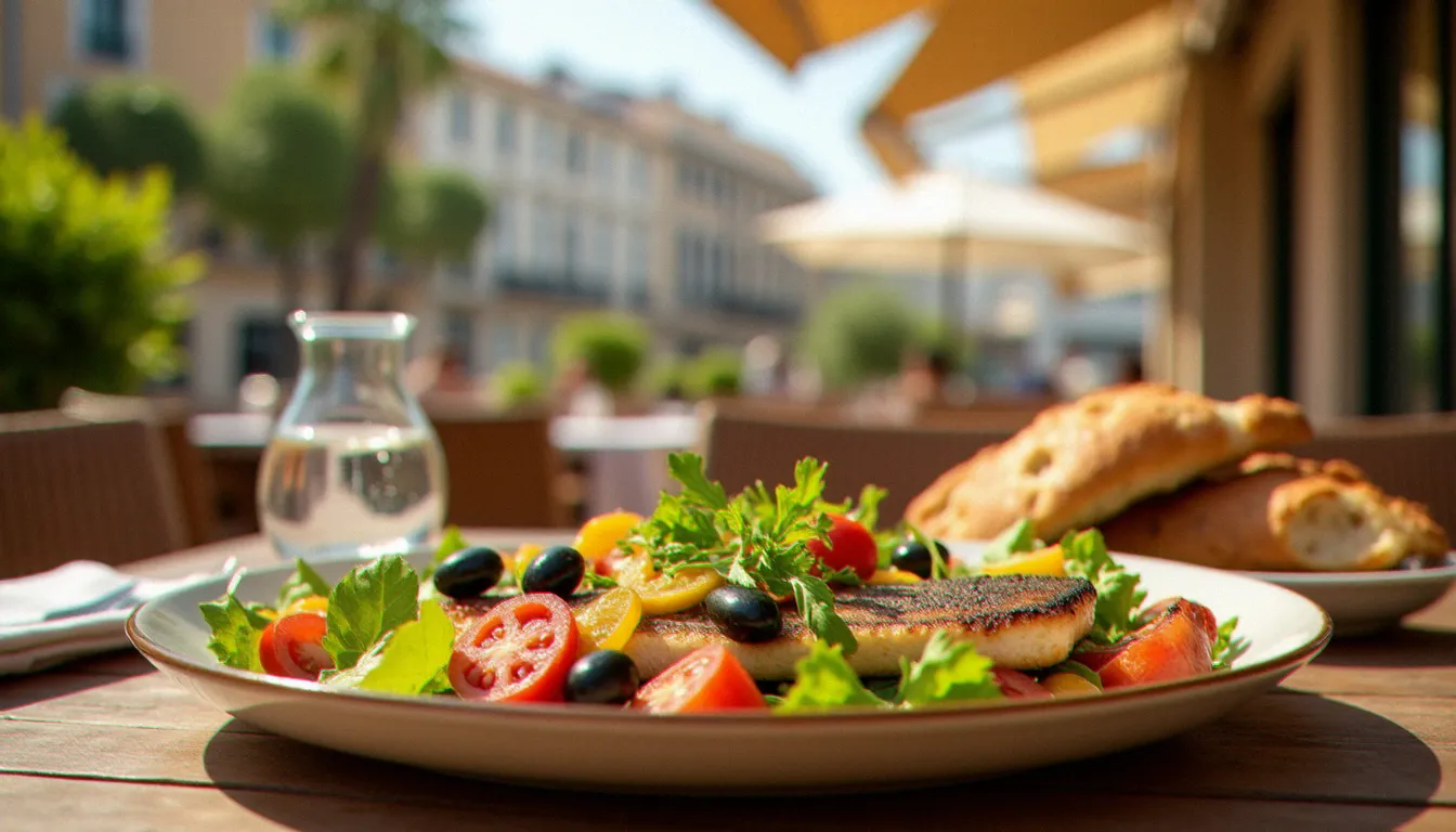 Salade de restaurant méditerranéenne généreuse servie sur une terrasse ensoleillée à Marseille, avec légumes locaux colorés, filet de poisson grillé et herbes fraîches