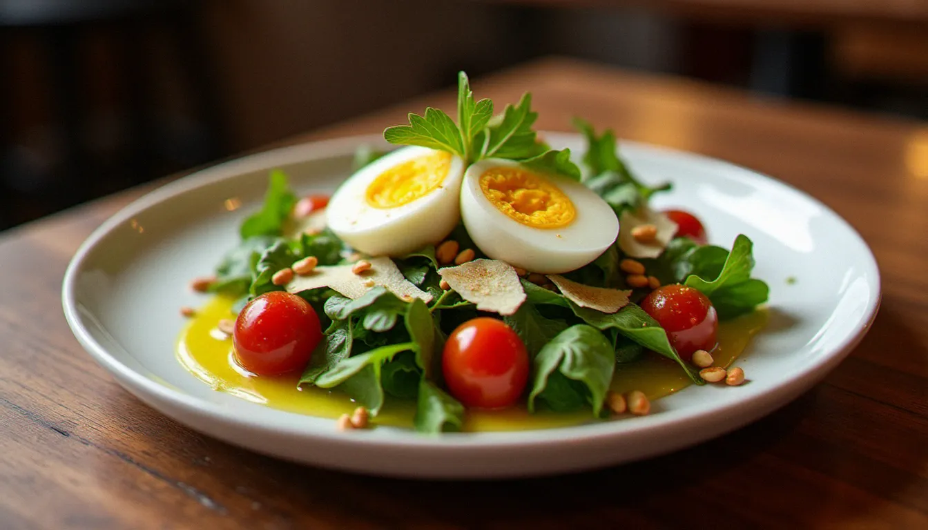 Assiette de salade restaurant soigneusement dressée avec des feuilles mélangées, un œuf mollet, des pignons de pin dorés et un filet d'huile d'olive, servie dans un cadre de restaurant méditerranéen chaleureux