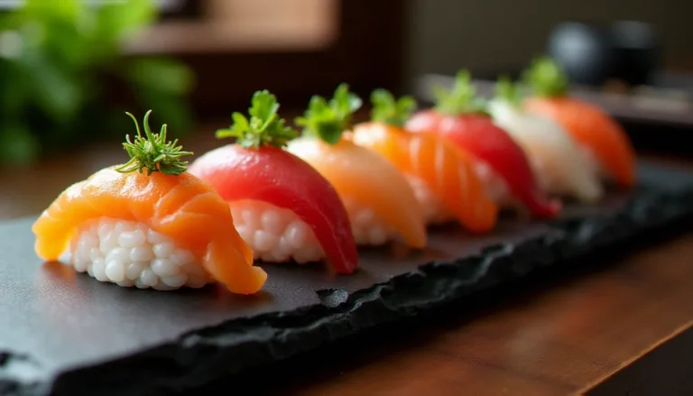 Assiette de seven sushi avec sept pièces de nigiri alignées sur ardoise noire, présentant saumon, thon rouge et daurade frais dans un restaurant japonais