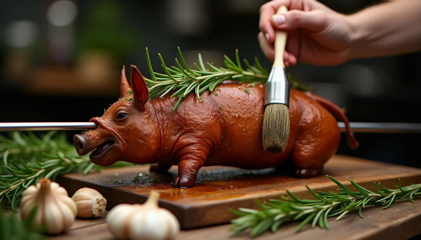 Chef badigeonnant un cochon de lait à la broche avec une marinade aux herbes de Provence, geste artisanal d'un traiteur professionnel