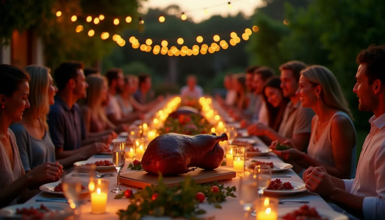 Grande tablée festive en plein air autour d'un cochon de lait découpé sur plateau en bois, ambiance conviviale méditerranéenne au coucher du soleil