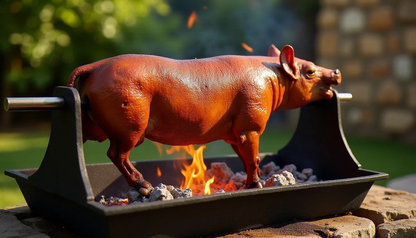 Cochon de lait entier doré à la broche au-dessus de braises rougeoyantes, illustrant un tarif cochon de lait à la broche pour événement festif en plein air