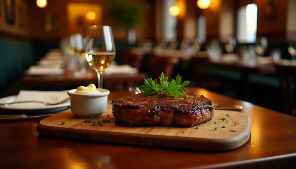 avis restaurant la boucherie featured Salle de restaurant avec une entrecôte grillée sur planche bois, illustrant un avis restaurant La Boucherie en conditions réelles