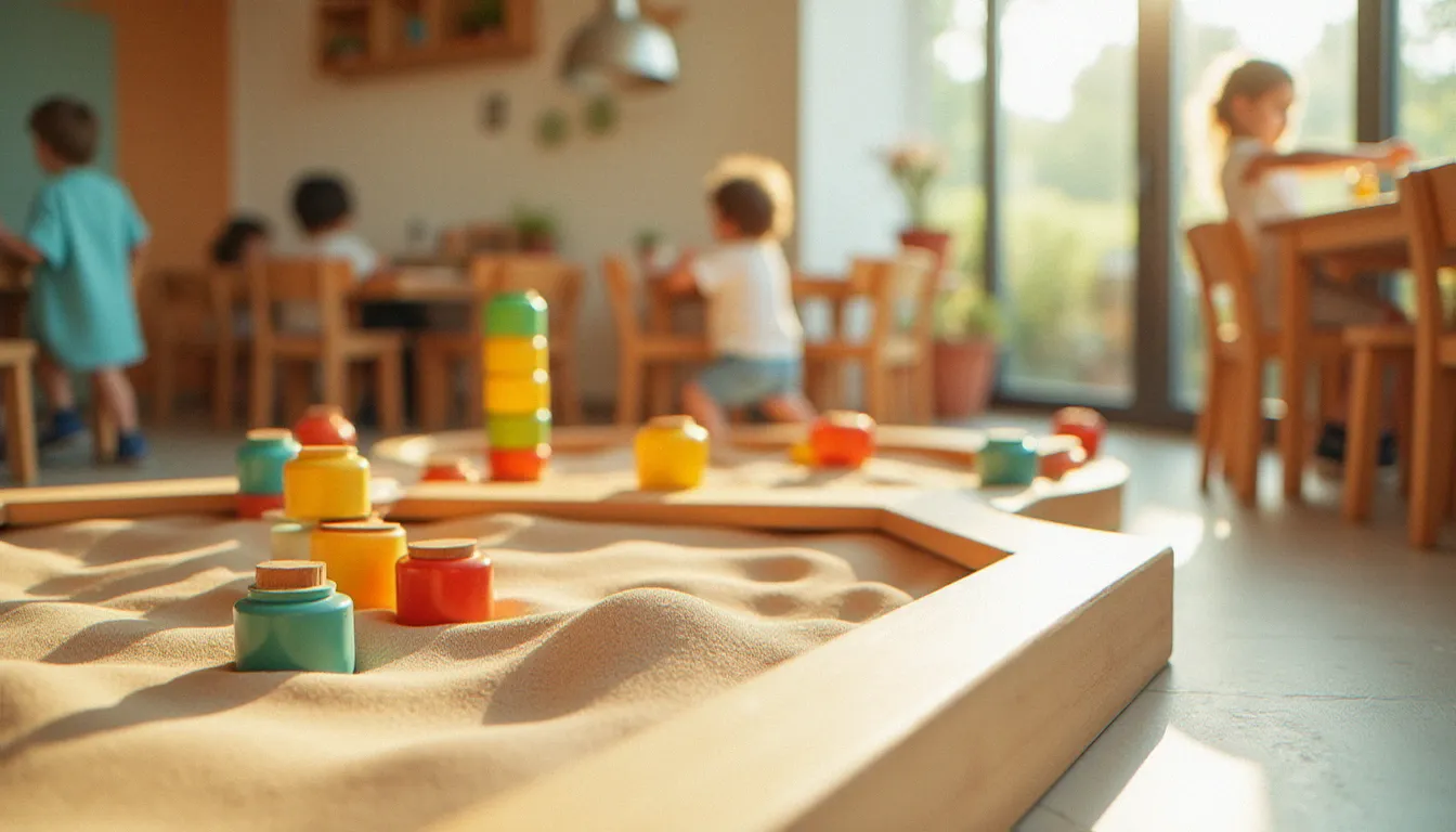 Espace jeux intérieur d'un restaurant avec table sensorielle et jeux de construction en bois sur sol mousse, vue rapprochée du coin enfants sécurisé