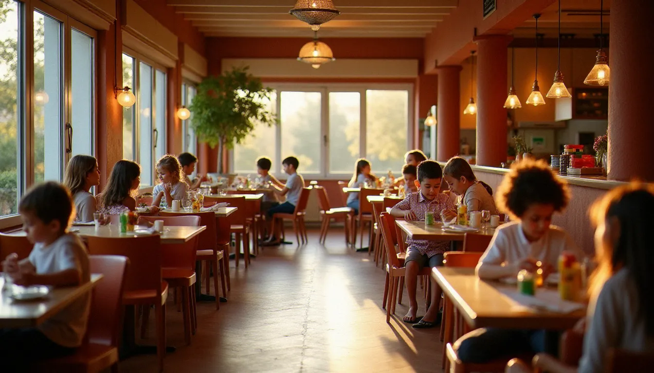 Salle de restaurant familial avec espace jeux enfants visible en arrière-plan, familles attablées dans un cadre méditerranéen chaleureux à Marseille
