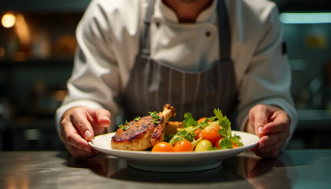 Chef en cuisine préparant un repas enfant équilibré avec légumes frais et protéines, dans un restaurant familial à Lyon