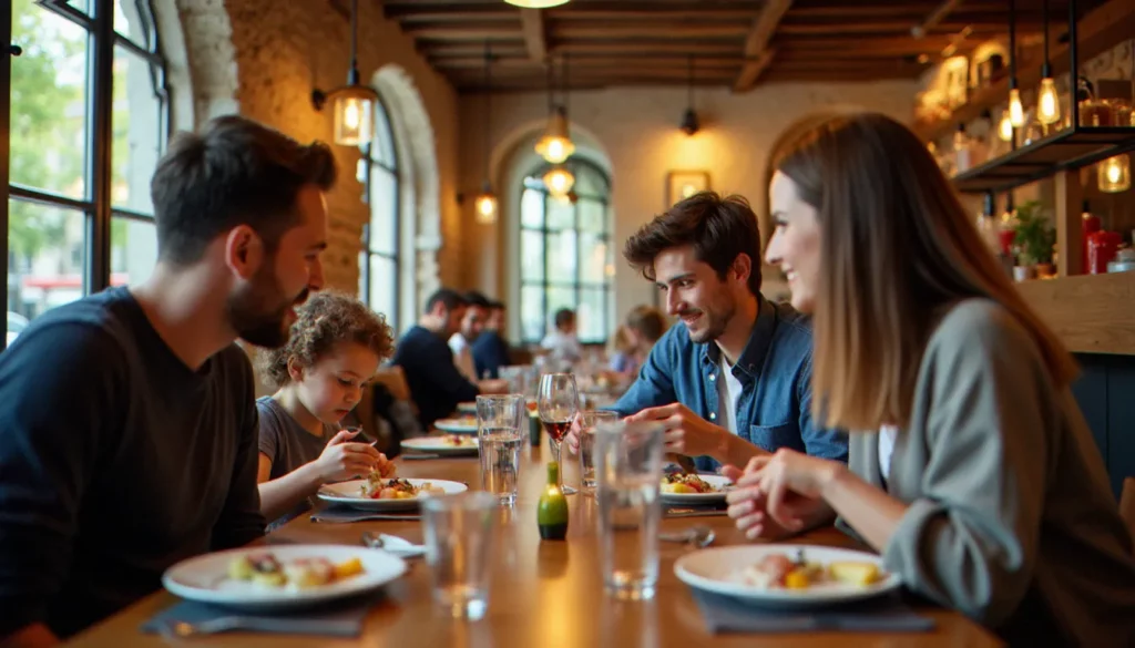 restaurant avec espace jeux lyon featured Famille attablée dans un restaurant avec espace jeux à Lyon, enfants jouant au fond de la salle pendant que les parents déjeunent