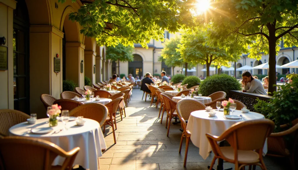 restaurant avec terrasse vichy featured Terrasse ombragée d'un restaurant avec terrasse à Vichy, tables dressées sous les platanes par une belle journée ensoleillée
