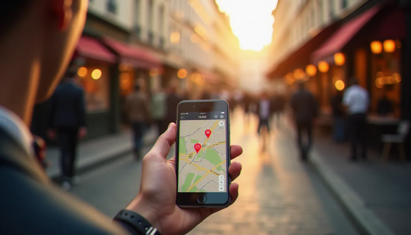 Personne consultant les avis d'un restaurant autour d'elle sur son smartphone dans une rue animée de Marseille