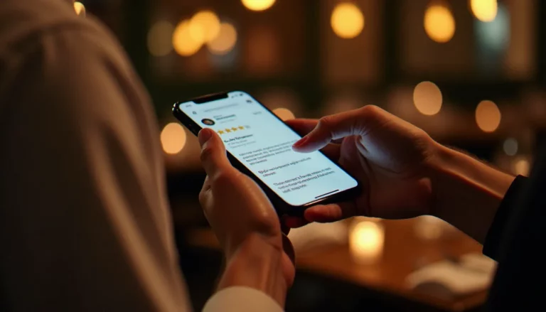 Chef consultant les avis Google de son restaurant sur smartphone, salle de restaurant animée en arrière-plan