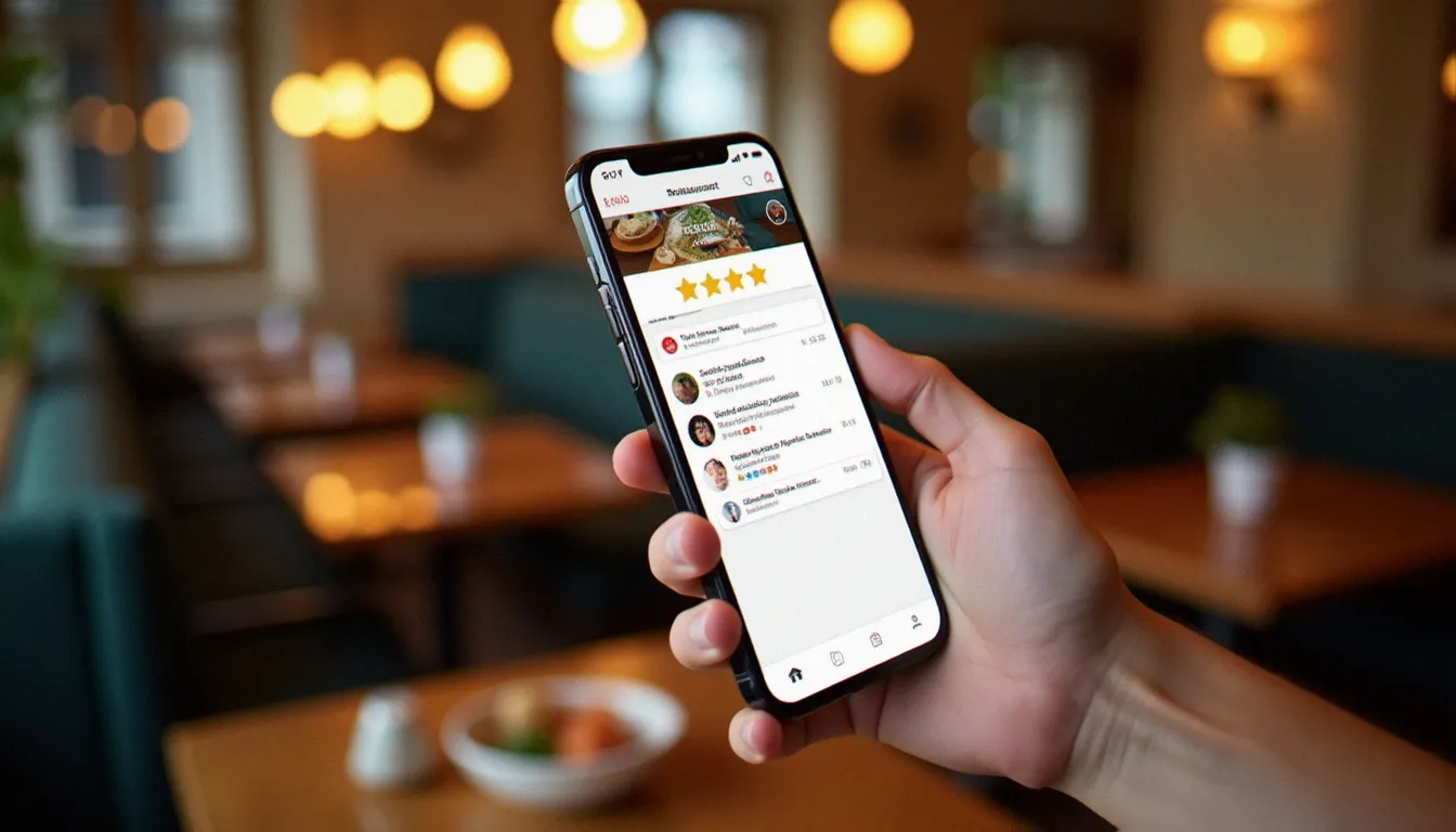 Main tenant un smartphone affichant des avis de restaurant à Praia avec étoiles et commentaires, arrière-plan flou d'une salle de restaurant portugais en bord de mer